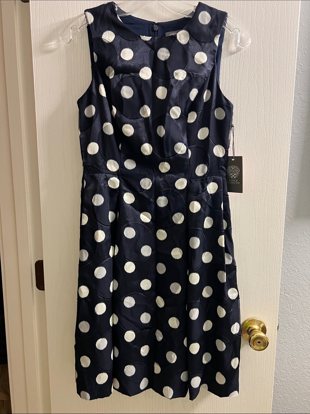 Vince Camuto Navy and White Polka Dot Sleeveless Fit-and-Flare Dress